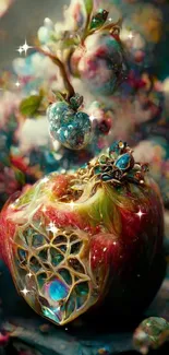 Fantasy art of a jeweled apple with nature accents.