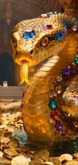 Jeweled serpent coiled among gold coins in a treasure cave setting.