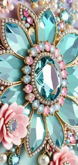 Intricate jewelry flower wallpaper with pastel colors and gemstones.