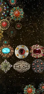 Ornate jewelry-inspired wallpaper with vibrant gemstones on a black background.