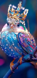 Vibrant fantasy bird with jeweled crown on branch.