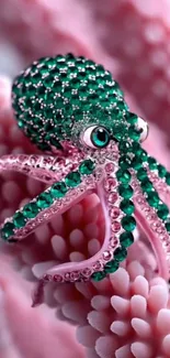 Green gemstone octopus on pink coral wallpaper.