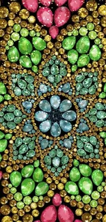 Vibrant jewel pattern with colorful gems on black background.