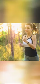 Woman jogging in a sunlit forest during a peaceful afternoon run.