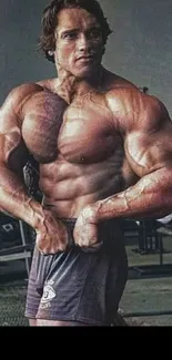 Muscular bodybuilder standing in gym with powerful pose.