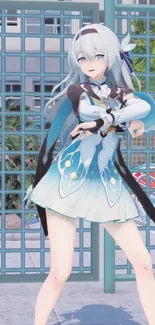 Anime character in blue outfit dancing in front of a grid background.