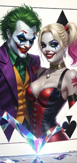 Joker and Harley Quinn illustrated on a playing card with vibrant colors.