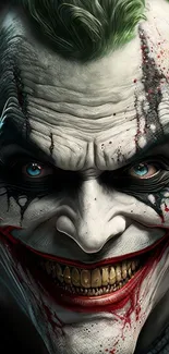 Cinematic Joker with intense smile and striking, dark aesthetic.