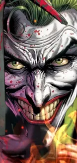 Joker comic art with vibrant colors and intense expression for mobile wallpaper.