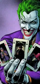 Colorful Joker holding playing cards in vibrant comic wallpaper design.