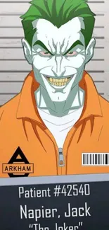 Joker mugshot wallpaper with orange jumpsuit and green hair.