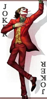 Artistic Joker playing card wallpaper, vibrant red.