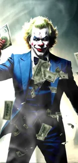 Joker in a blue suit holding money in a dramatic cityscape background.