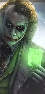 Joker holding glowing card in dark alley wallpaper.