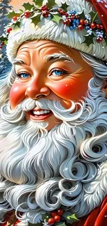 Cheerful cartoon Santa Claus with red hat and snowy background.