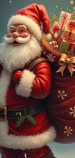 Jolly Santa Claus with gift sack wallpaper