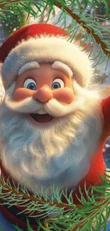 Vibrant and jolly Santa Claus surrounded by greenery, ideal for festive themes.