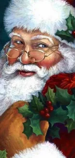 Jolly Santa Claus with holly, red and green festive wallpaper.