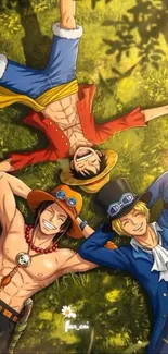 Anime characters relaxing on grass in a vibrant scene.