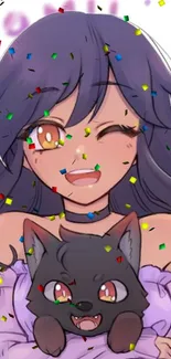 Anime girl winking with a cute pet and confetti.