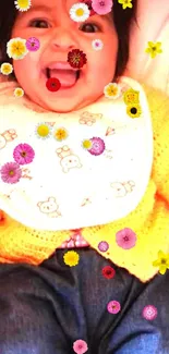 Smiling baby in yellow sweater, joyfully posing.