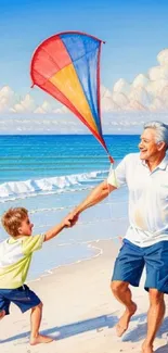 Grandparent and child flying a kite on the beach on a sunny day.