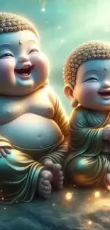 Joyful Buddha art wallpaper with two smiling figures in serene setting.