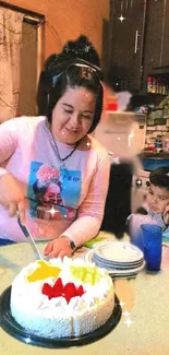 Woman cutting birthday cake with family in kitchen.