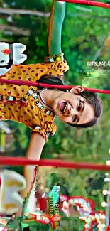 Colorful carnival ride with joyful girl in vibrant traditional attire.