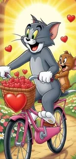 Cartoon characters enjoy a joyful bike ride with hearts.