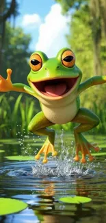 Joyful cartoon frog jumping on lily pads in a vibrant pond setting.