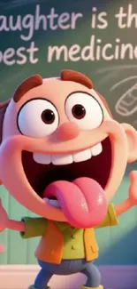 Joyful cartoon character laughing with message 'Laughter is the best medicine'.