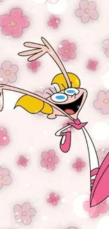 Joyful cartoon character with pink flowers background.