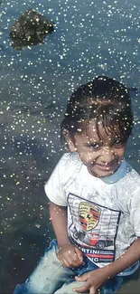 Smiling child with sparkling water background in nature setting.