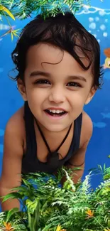 Child smiling surrounded by lush green leaves and blue background.