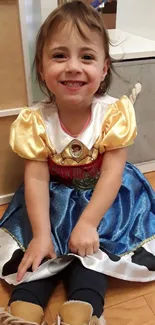 Smiling child in colorful dress costume on wooden floor.