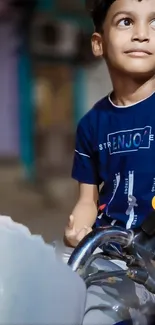 Young boy smiling on a bike ride, vibrant and joyful.