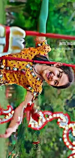 Young girl in festive dress joyfully swinging on a colorful playground.