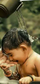 Joyful child enjoying water splash outdoors with nature backdrop.