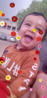 Happy child with floral overlay on a beige background.