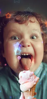 Joyful child enjoying ice cream with starry lights.