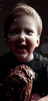 Happy child enjoying chocolate ice cream with whimsical lights background.