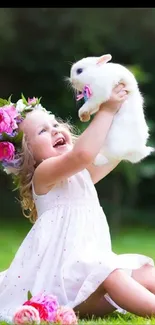 Child joyfully holding a white rabbit outdoors.