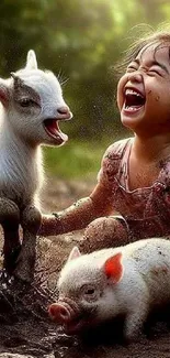 Child laughing with baby goat and pig in playful scene.