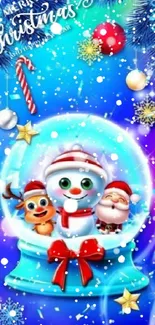 Festive snow globe Christmas wallpaper with Santa, snowman, and reindeer.