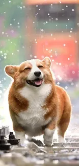 Corgi joyfully playing in the rain on a railway track.