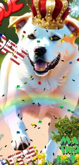 Joyful dog wearing a crown amidst flowers and rainbow on wallpaper.