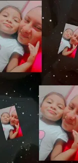 Mother and daughter smiling in a photo collage with a starry background.