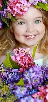 Smiling child amidst colorful flowers in a vibrant and joyful wallpaper.