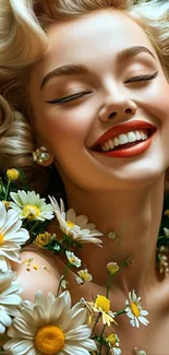 Smiling woman surrounded by daisies in a vibrant floral wallpaper.